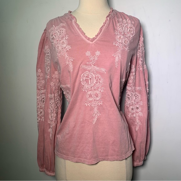 Soft Surroundings Tops - Soft Surrounfings Cotton pink Embroidery Long Sleeve Boho Size M